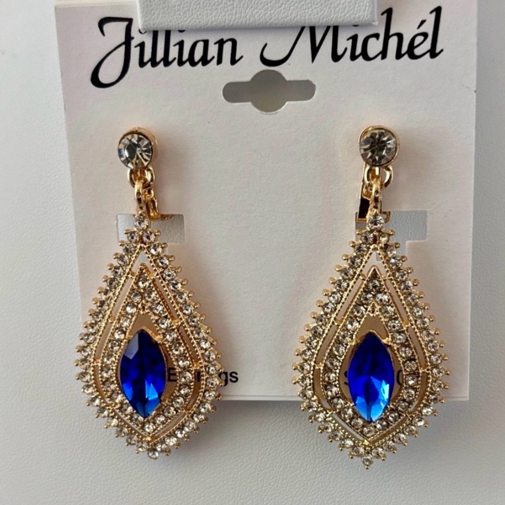 Jillian Michel Clip On,Goldtone,chandelier teardrop, navy stone,clear rhinestone